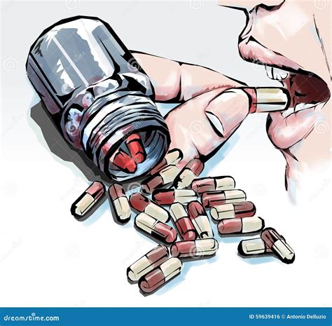 Pills In The Bottle And The Person Taking Medicine Stock Illustration