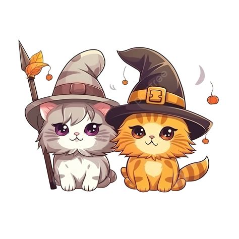 Funny And Cute Kawaii Lion Cat And Broom Wearing Witch Hat For