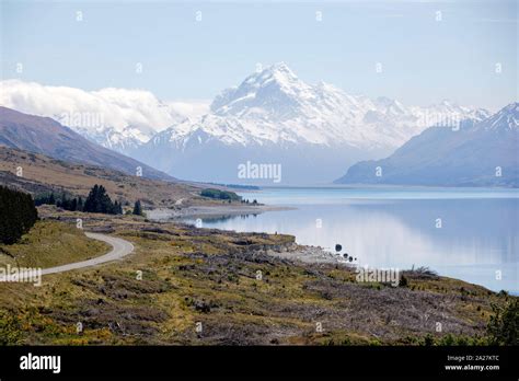 Mount Cook Viewpoint With Lake Pukaki And The Road Leading To Mount