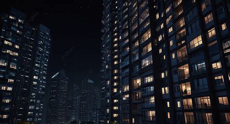 Modern Building In The Night City With Lights Windows Background ...