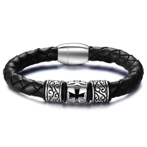 Bracelet Homme Cuir Tresse Elements Acier Croix De Malte Bijouxstore