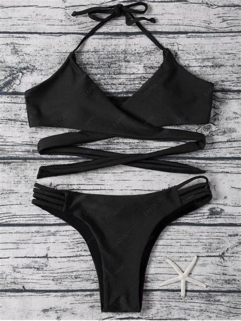 Strappy Halter Wrap Bikini Set Black Bikinis S Zaful