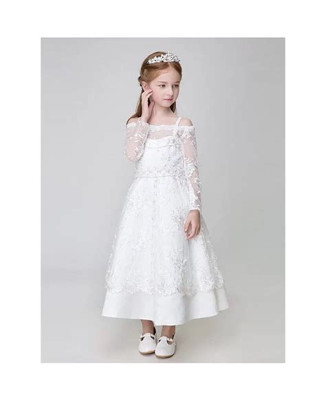 Ankle Length Whole Lace White Flower Girl Dress With Long Sleeves