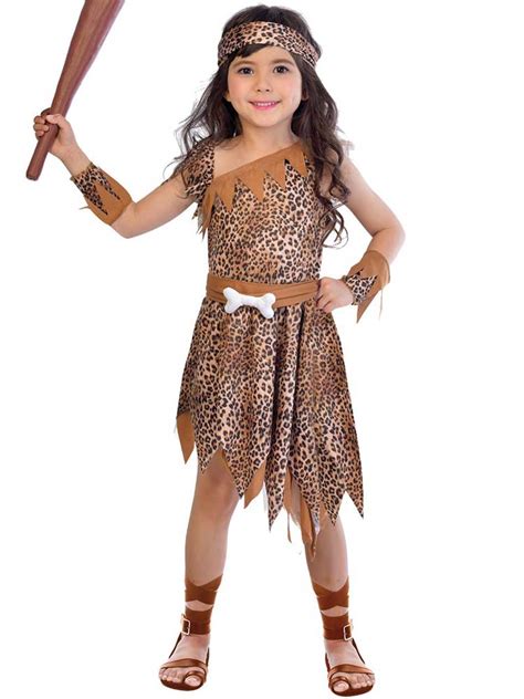 Girls Cavegirl Fancy Dress Costume Cave Girl Stone Age Kids Tarzan 4-12 ...