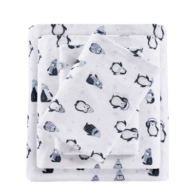 Twin Printed Cotton Flannel Sheet Set Blue Penguins : Target