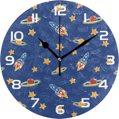 Skysonic Space Rocket Wall Clock 10 Inch Silent Non Ticking Round Clock Oil Painting Clock Easy