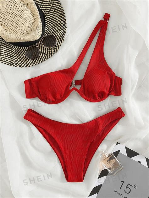 SHEIN Swim Bikini De Un Hombro Con Corte De Canalé De Playa De Verano