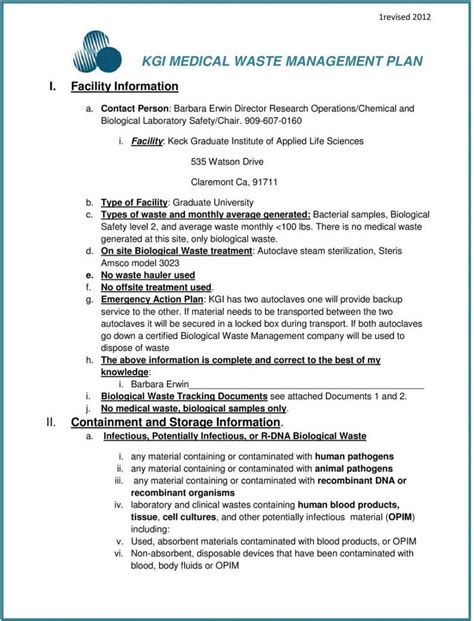 Medical Waste Management Plan Template