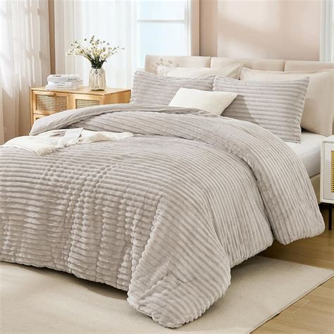 Andency Fleece Full Comforter Set 3 Pieces Linen Grey Comforter Set