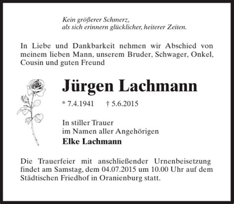 Traueranzeigen von Jürgen Lachmann trauer anzeigen de