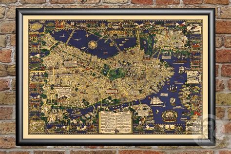 Boston Map 1926 Old Map Of Boston Massachusetts Art Vintage Print Framed Canvas Portrait History