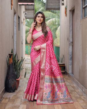 Pink Color Hand Bandhej Silk Saree With Zari Weaving Work