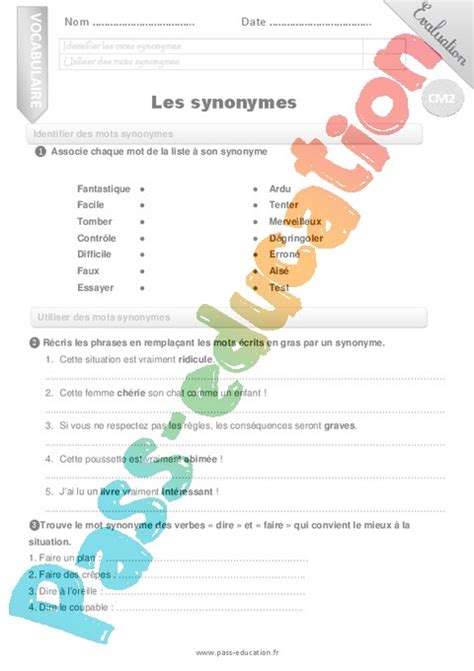 Evaluation Synonymes CM2 Cycle 3 Bilan et controle corrigé Pass