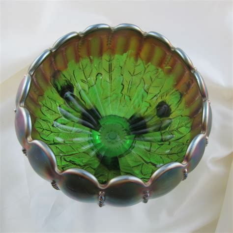 Antique Northwood Leaf And Beads Green Carnival Glass Rose Bowl Sunflower Int Carnival Glass