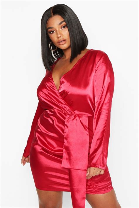 Plus Satin Plunge Ruched Wrap Dress Wrap Dress Fashion Dress