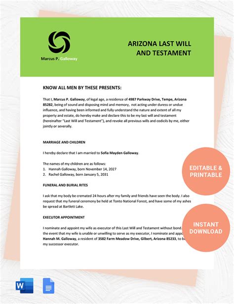 Arizona Last Will And Testament Template In Gdocslink Ms Word