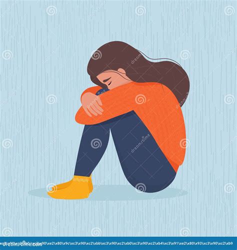 Sad Depressed Woman Sitting Hugging Her Knees Vector Illustration In