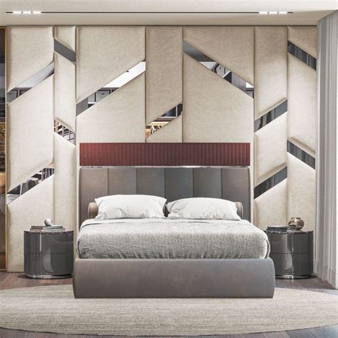 A Modern Bedroom With Mirrored Walls And Bed