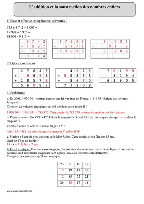 Addition Et Soustraction Des Nombres Entiers Cm2 Exercices Avec