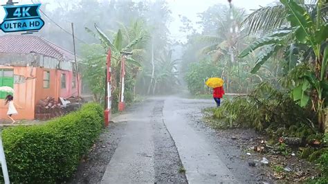 Walking During Super Heavy Rain In The Village Heavy Winds And