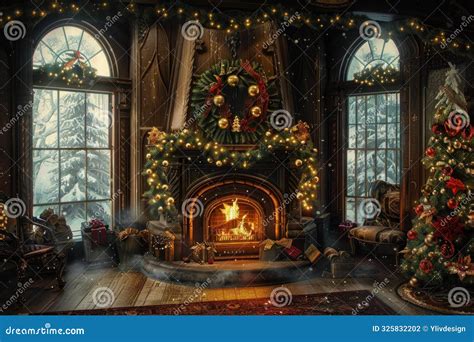 fireplace burning  cozy christmas decorated room  snow falling