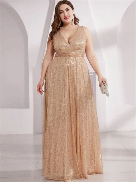 Plus Plunging Neck Sequin Prom Dress Shein Usa In 2021 Prom Dresses