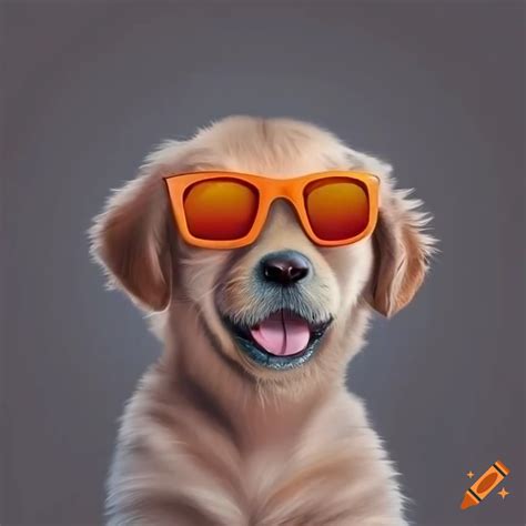 Hyper Realistic Portrait Of A Golden Retriever Puppy With Orange Sunglasses