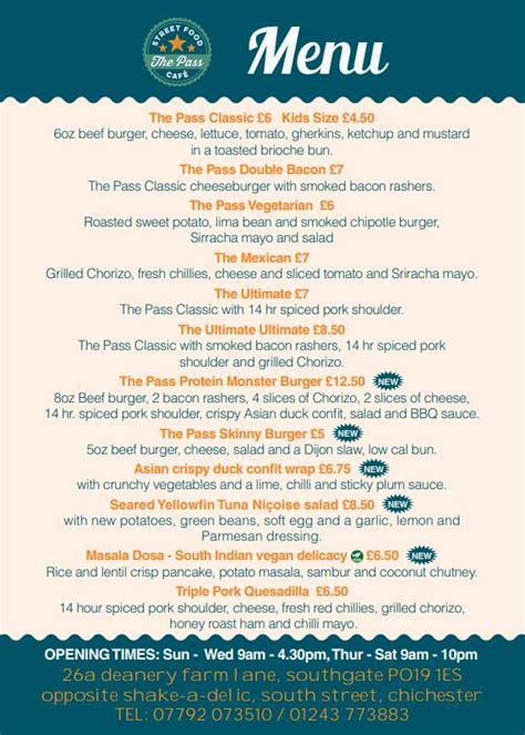 Menu At The Pass Street Food Cafe Chichester Deanery Farm Lane