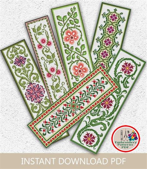 Set Of 6 Bookmarks Cross Stitch Pattern Flowers Bookmark Samplers