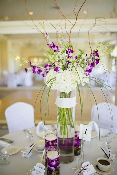 White Hydrangea Purple Orchid Centerpieces Purple Centerpieces