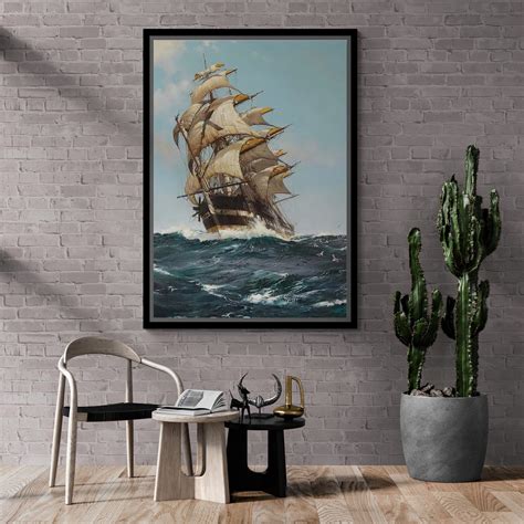 Sailing Ship Wall Art Seascape Framed Canvas Ship Wall Art Wavy Sea