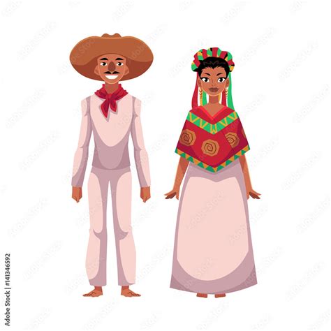 Mexican Man And Woman In Traditional National Clothes Sombrero Head