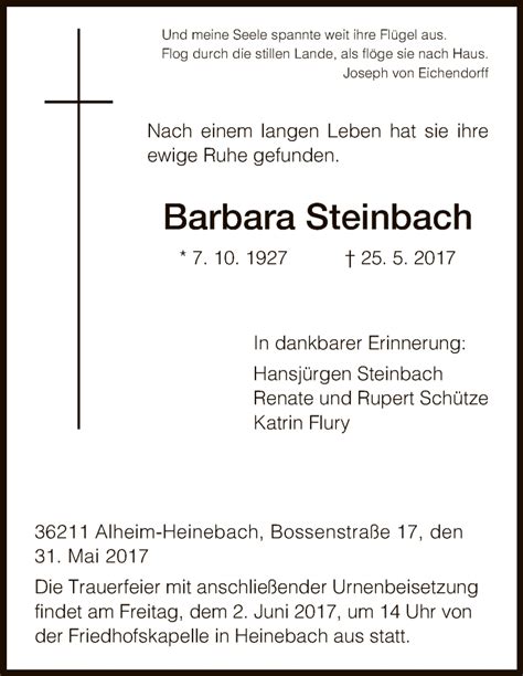 Traueranzeigen Von Barbara Steinbach Trauer HNA De