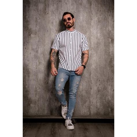 Camisa Listrada Manga Curta Masculina Algod O Gola Padre Branco Azul G