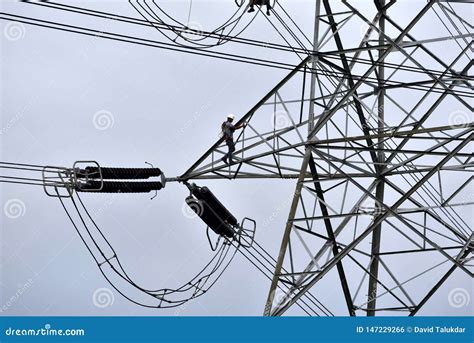 Electricity Board Employee Working In A High Voltage Electric Post