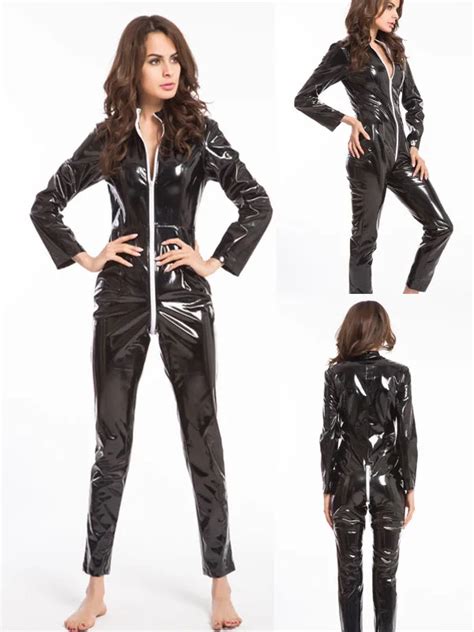 Free Shipping 2016 Plus Size Latex Costume Fashion Women Sexy Black Rubber Catsuit Costume For