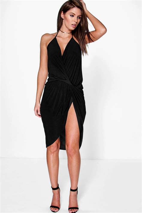 Boohoo Womens Devin Strappy Knot And Drape Detail Midi Dress Ebay