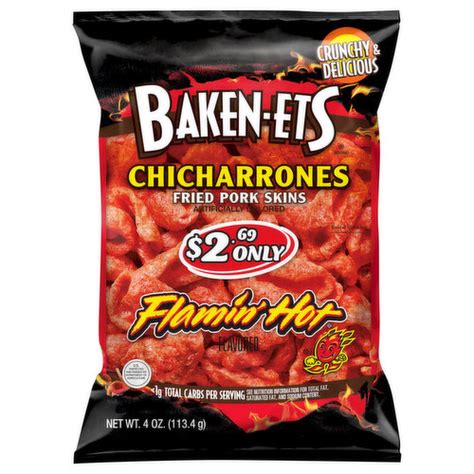 Baken Ets Fried Pork Skins Chicharrones Flamin Hot Flavored Super