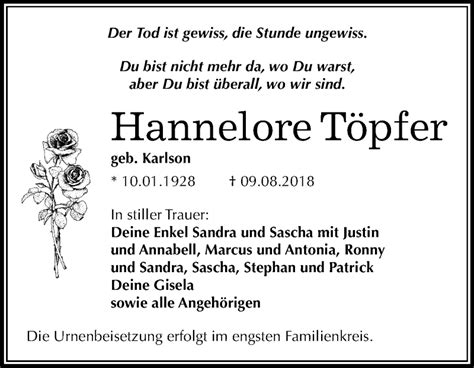 Traueranzeigen Von Hannelore T Pfer Abschied Nehmen De