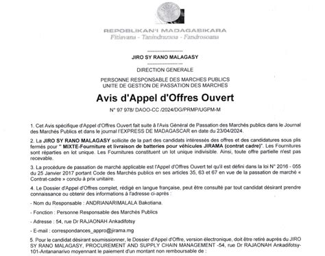 Avis DAppel DOffre Ouvert NAO 97 978 DAOO CC 2024 DG PRMP UGPM M