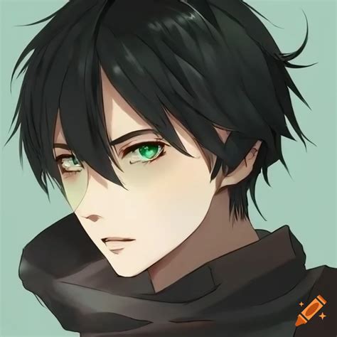 Young man, green eyes, black hair, short hair, in the anime style on Craiyon