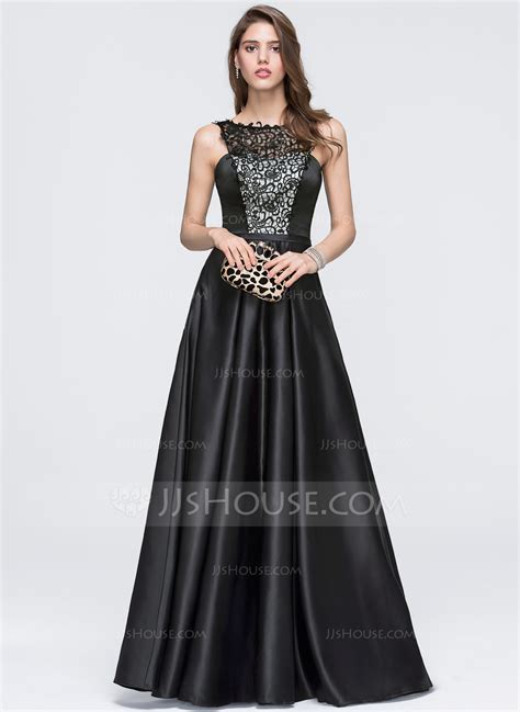 A Line Princess Scoop Neck Floor Length Satin Prom Dresses 018093790