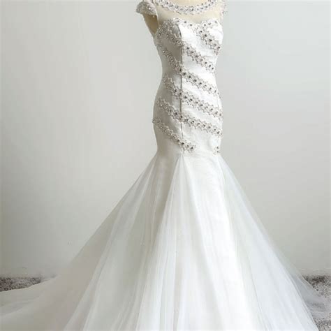 Ivory Illusion Jewel Neckline Mermaid Wedding Dresses Long Vintage