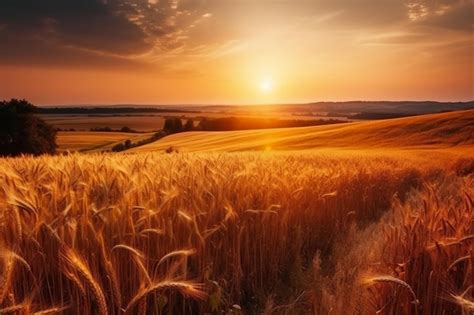 Premium AI Image A Field Of Golden Wheat Against A Sunset Sky