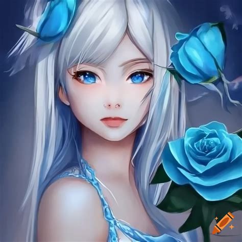 Digital Art Of A Blue Eyed Anime Girl With White Hair And Blue Roses On