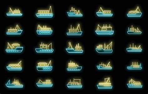 Fishing Boat Icons Set Vector Neon Vector Art At Vecteezy