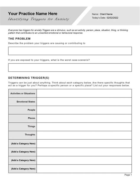 Anxiety Triggers Worksheet Editable Fillable Printable PDF