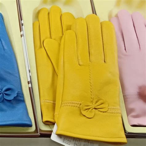 Real Genuine Leather Gloves Women Luxury Warm Sheep Skin Winter Girls Real Leather Yellow Glove