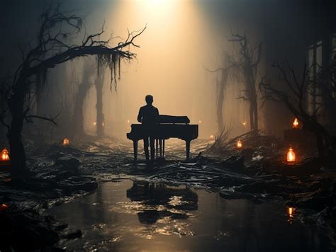 Premium Ai Image A Man Playing Piano In The Woods At Night