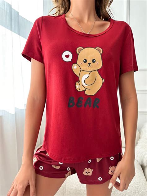 Conjunto De Pijama Con Estampado De Oso Y Letra Moda De Mujer Shein